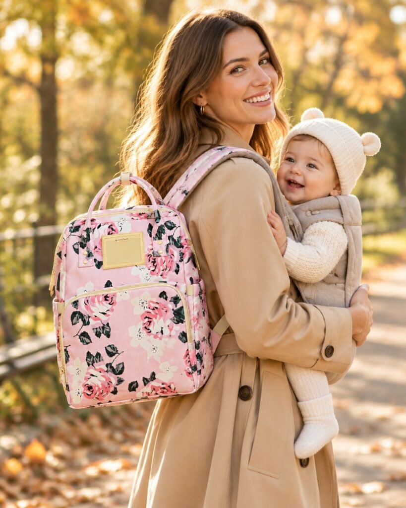 Sac à dos à langer fleuri rose Leinor porté par une maman