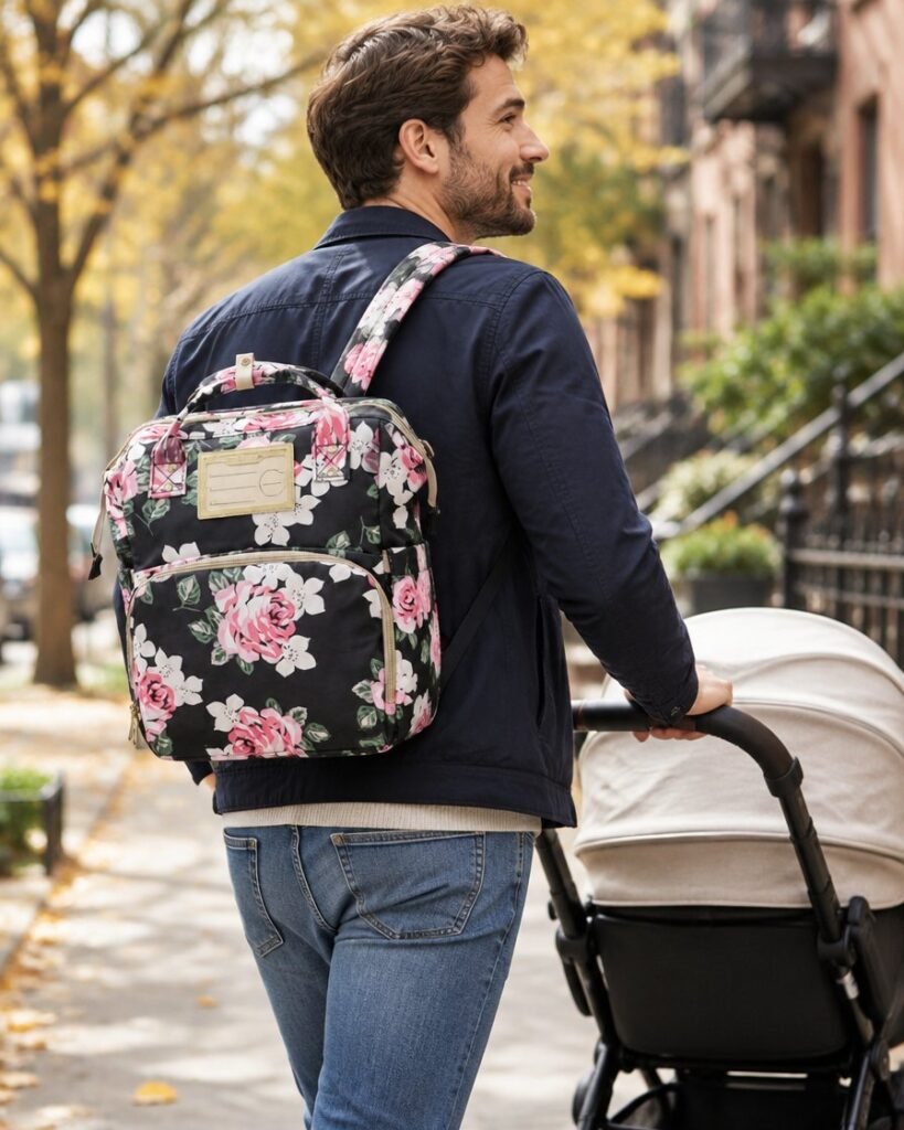 Sac à langer fleuri noir Leinor porté par un papa